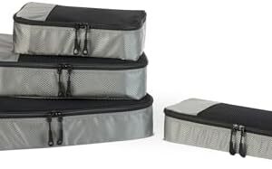 Amazon Essentials 4-Piece Packing Cubes Travel Accessories Set, Luggage Organiser with Double Zip, Mesh Top, 100% Polyester, Small/Medium/Large/Slim, Grey (Previously Amazon Basics)