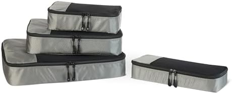 Amazon Essentials 4-Piece Packing Cubes Travel Accessories Set, Luggage Organiser with Double Zip, Mesh Top, 100% Polyester, Small/Medium/Large/Slim, Grey (Previously Amazon Basics)