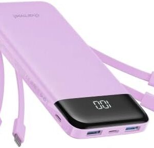 Charmast Power Bank with Built in Cables X 4, 10000mAh Portable Charger 6 Outputs 3 Inputs Travel Essentials, LED Display Type C Powerbank, Slim USB C Battery Pack Compatible with iPhone17/Samsung etc