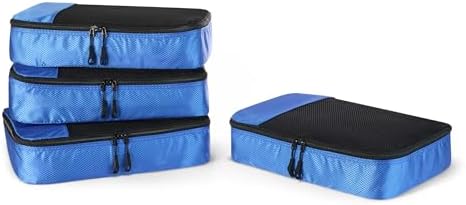 Amazon Essentials 4-Piece Packing Cubes Travel Accessories Set, Luggage Organiser with Double Zip, Mesh Top, 100% Polyester, Medium, Blue (Previously Amazon Basics)