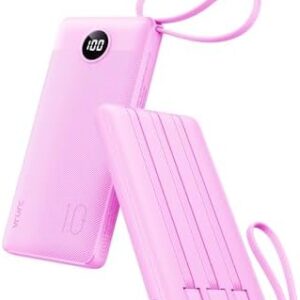 VRURC Power Bank with Built in Cables,10000mAh USB C Portable Charger with 5 Outputs & 2 Inputs and LED Display, External Battery Bank for iPhone/iPad/Samsung Galaxy Tablets and More
