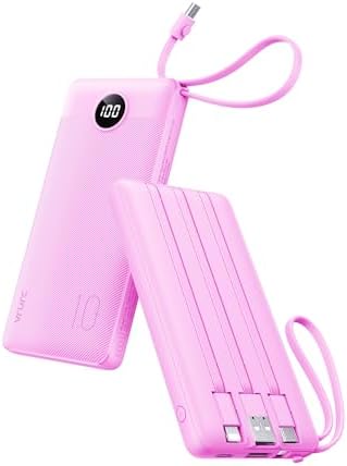 VRURC Power Bank with Built in Cables,10000mAh USB C Portable Charger with 5 Outputs & 2 Inputs and LED Display, External Battery Bank for iPhone/iPad/Samsung Galaxy Tablets and More