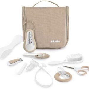 BÉABA Baby Travel Toiletries Bag – 10 Care Accessories from Birth – Rotating Hook, Compact Size, Double Zip – Thermometers, Nail Clippers, Baby Nasal Aspirator, Brush – Clay Colour