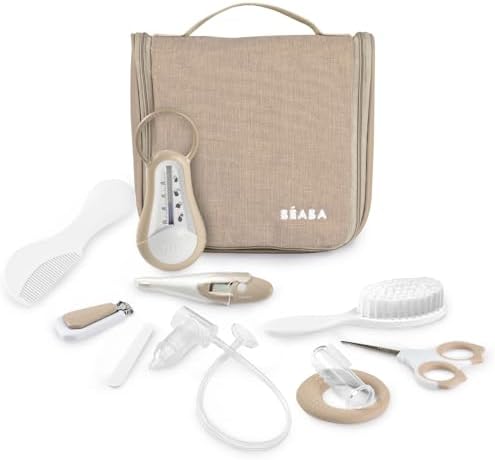 BÉABA Baby Travel Toiletries Bag – 10 Care Accessories from Birth – Rotating Hook, Compact Size, Double Zip – Thermometers, Nail Clippers, Baby Nasal Aspirator, Brush – Clay Colour