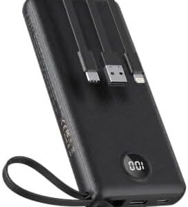 VEEKTOMX Power Bank with Built-in Cables, 20000mAh USB C Portable Charger with 5 Outputs & 2 Inputs and LED Display, Travel Battery Bank for iPhone/iPad/Samsung/Android Devices(20000mAh-Black)