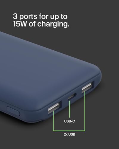 Belkin 10000mAh portable power bank, 10K USB-C portable charger with 1 USB-C port and 2 USB-A ports, battery pack for up to 15W charging for iPhone, Samsung Galaxy, AirPods, iPad, and more - Blue | 10K Portable Charger, Charge Up to 3 Devices (1 x USB-C, 2 x USB-A Ports), 15W, LED Indicator, Made with Recycled Plastic - Image 2