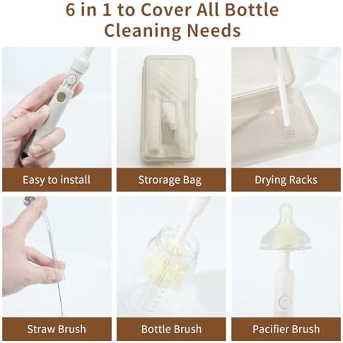 6-in-1 Bottle Brush Set - Travel Essential Bottle Cleaner Kit with Silicone Bottle Brush, Nipple Cleaner Brush,Straw Brush, Folding Drying Rack & Storage Case Bottle Cleaning Tool (White) - Image 6