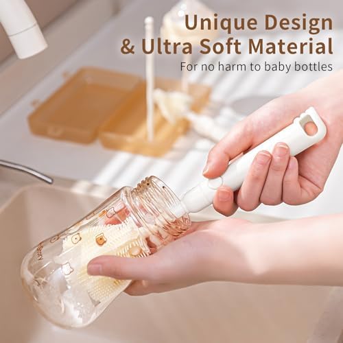 6-in-1 Bottle Brush Set - Travel Essential Bottle Cleaner Kit with Silicone Bottle Brush, Nipple Cleaner Brush,Straw Brush, Folding Drying Rack & Storage Case Bottle Cleaning Tool (White) - Image 5