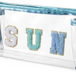 Sibba Clear Sunscreen Makeup Bag, Waterproof Beach Vacation Essentials, Preppy Summer Pool Accessories For Women And Teen Girls, Blue SUN Letter Print Cosmetic Pouch