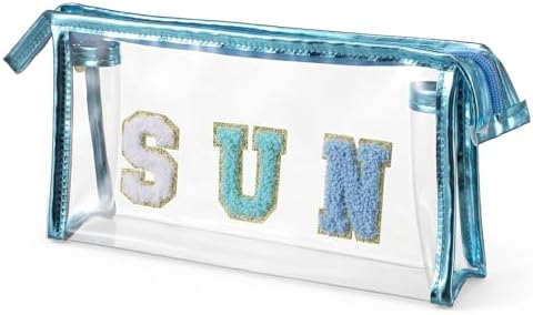 Sibba Clear Sunscreen Makeup Bag, Waterproof Beach Vacation Essentials, Preppy Summer Pool Accessories For Women And Teen Girls, Blue SUN Letter Print Cosmetic Pouch
