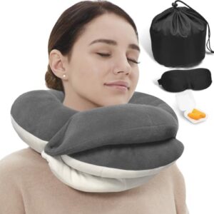 BUYUE Travel Neck Pillows for Airplanes, 360° Head Support Sleep for Long Flight, Skin-Friendly & Breathable, Kit with 3D Contoured Eye Mask, Earplugs and Storage Bag (Adult, Grey, 100+ lbs)