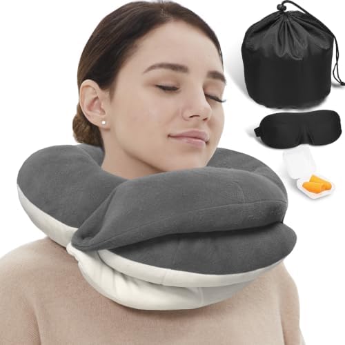 BUYUE Travel Neck Pillows for Airplanes, 360° Head Support Sleep for Long Flight, Skin-Friendly & Breathable, Kit with 3D Contoured Eye Mask, Earplugs and Storage Bag (Adult, Grey, 100+ lbs)