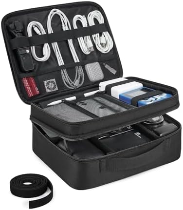 bagsmart Extra Large Double Layer Portable Travel Cable Organiser Bag Electronics Accessories Storage Case for Charger, Adaptors, Kindle, Hard Drives (Black-Lightweight)