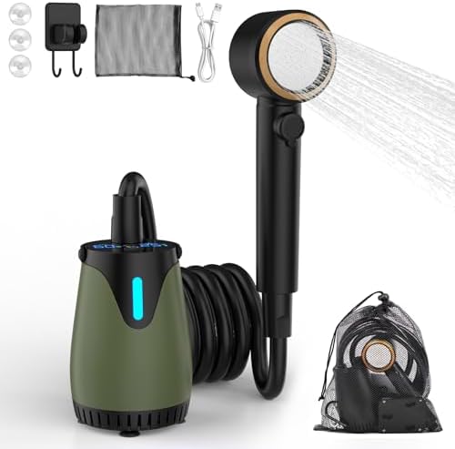 Portable Shower 8000mAh – IPX8 Waterproof Camping Shower with 4 Spray Modes,5 water flow settings, LED Display, USB-C Rechargeable – Outdoor Shower for Camping, Dog Washing, Caravan, Travel