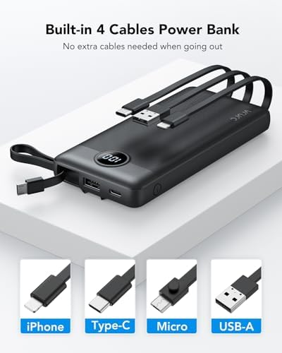 VRURC Power Bank 10000mAh with Built in Cables,Travel Battery Pack Portable Charger with 5 Outputs 2 Inputs Powerbank USB C LED Display Compatible with iPhone 17 Pro Max 17 16 15 14 13 - Image 3