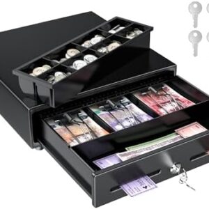 Tera 13" Cash Register Drawer Auto Open 33.5x30x10.4cm with 3 Bill 8 Coin Cash Tray 6 Keys Removable Coin Compartment Key-Lock 12V RJ12 Interface Media Slot for System Shop Business 330G