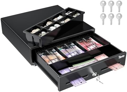 Tera 13" Cash Register Drawer Auto Open 33.5x30x10.4cm with 3 Bill 8 Coin Cash Tray 6 Keys Removable Coin Compartment Key-Lock 12V RJ12 Interface Media Slot for System Shop Business 330G