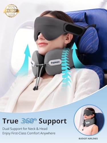 Inspireyes Neck Pillow, Travel Pillow with Seat Strap, 3D Sleep Mask, Dual Support Neck and Head, High Supportive Foam Airplane Pillow for Long Flight Road Trip, Stop Bobblehead Travel Essential, Grey - Image 2