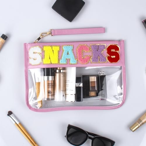 Buycard Snack Bag for Travel with Chenille Letter Patch-Preppy Waterproof Pouch for Travel, Makeup, Gym,Zippered Cosmetic Tote for Women & Girls,Holiday Essentials. (Pink) - Image 5