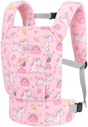 Bebamour Baby Doll Carrier for Kids, Adjustable Doll Carrier Backpack for Dolls up to 20 Inches, Soft Pretend Play Doll Accessories for Front & Back Carry, Fits Dolls & Stuffed Toys, Pink Unicorn