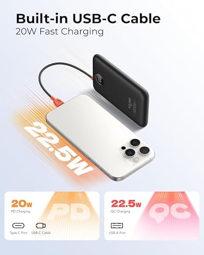 VIYISI Ultra-Slim 10000mAh Power Bank, QC 22.5W Fast Charging Portable Charger with Built-in Type-C Cable, LED Display Travel Phone Charger for iPhone 17 16 15 Samsung Android -Black - Image 3