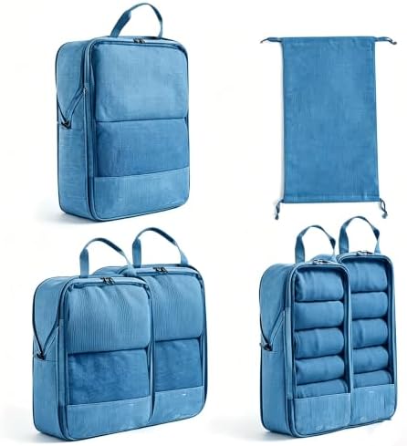 Compression Packing Cubes for Suitcases, 6pcs Ultralight Travel Packing Cubes for Backpack, Expandable Travel Organisers Bags for Carry On Luggage (Blue)
