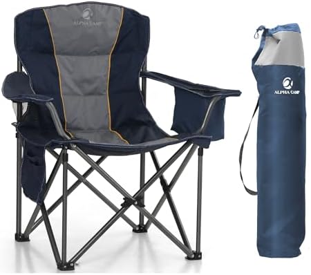 LET'S CAMP Oversized Folding Camping Chair for Adults Support 200 KG Blue | Heavy Duty for Heavy people, with Cup Holder Storage, Cooler Bag, Thicken 600D Oxford