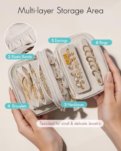 VLANDO Travel Jewellery Box,2-Tier Jewellery Case for Rings, Earring & Necklaces,Travel Essential for Women,Cream White - Image 6