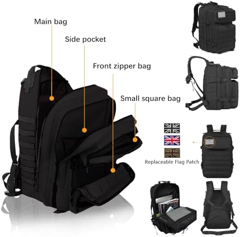 45L Military Tactical Backpacks Large Molle Army Assault Pack 3 Day Bug Out Bag Laptop Bag for Hiking Treeking Black Hunting Rucksack with 4 Flag Patches (Black) - Image 3