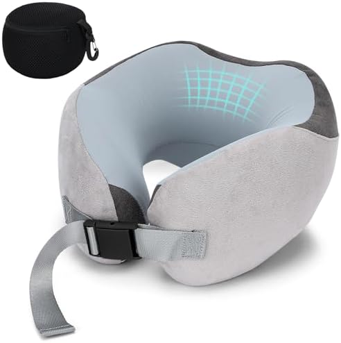 Euqvunn Travel Pillow for Airplane, Memory Foam Neck Pillow for Travel, Soft & Adjustable & Compact Ice Silk Flight Pillow for Adults, Ergonomic Travel Neck Pillow, with Storage Bag(Gray)