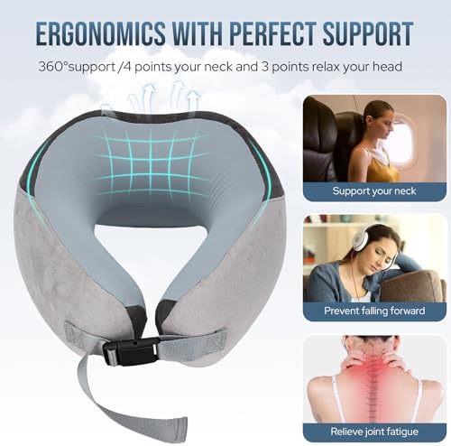 Euqvunn Travel Pillow for Airplane, Memory Foam Neck Pillow for Travel, Soft & Adjustable & Compact Ice Silk Flight Pillow for Adults, Ergonomic Travel Neck Pillow, with Storage Bag(Gray) - Image 4