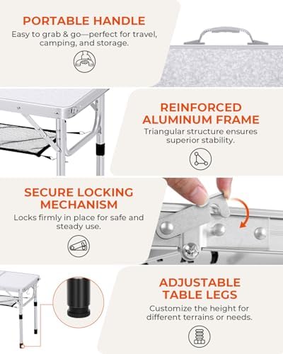 Sportneer Folding Camping Table, Adjustable Height Small Folding Table Portable Camp Tables (23.6" L x 15.7" W (2 Height)) with Mesh Layer for Outdoor Camp Garden Picnic BBQ Dining Cooking - Image 5