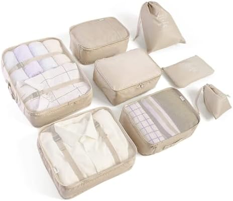 LANSKLBD 8 Set Packing Cubes for Suitcases, Travel Luggage Organizers, Essentials for Accessories, Shoe Bag, Toiletry Bag, Laundry Bag
