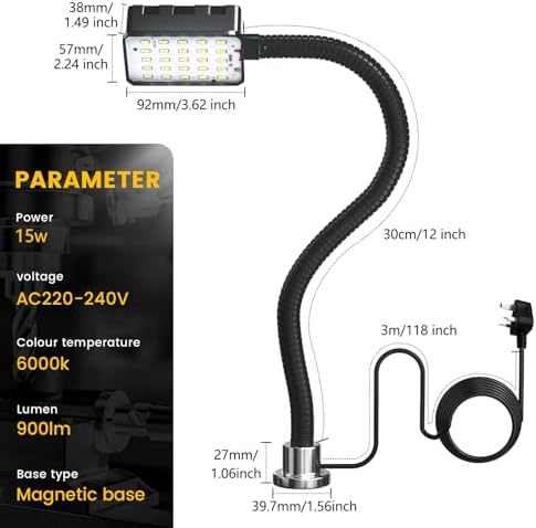 Magnetic Work Light, 15W 6000K LED Machine Light with Flexible Gooseneck & Strong Magnetic Base for Workbench, Sewing, Lathe, Grill, Shop, Industrial Lighting (Black-Upgrade) - Image 7