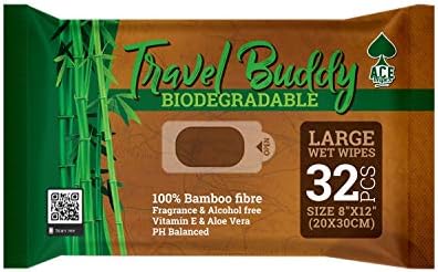 Ace Travel Buddy Large Body Wet Wipes - No Rinse Bath Or Shower Bamboo Wipe - Gym, Travel, Camping, Backpacking, Hiking, Pets, Festival Essentials/Accessories, 32 Wipes(8"X12"/20X30CM)