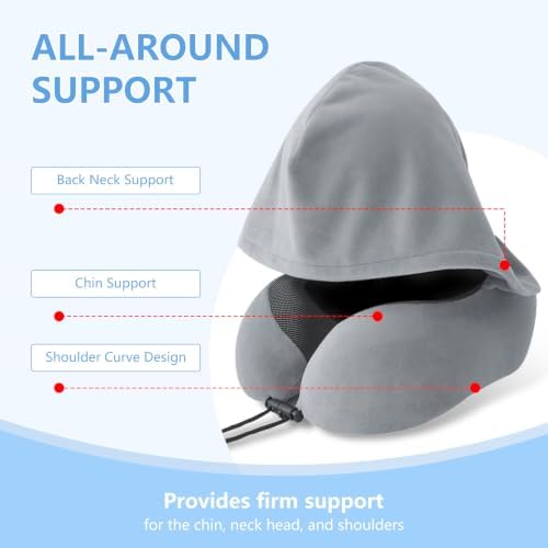SULIVES Travel Pillow for Airplane, Memory Foam Neck Pillow with Hood, 360° Neck Support for Flights, Train and Car Travel, Soft Breathable Fabric, Compact Travel Set - Image 6