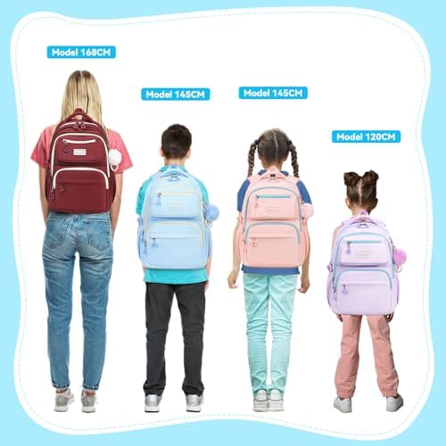 School Bag for Girls, Modern Contrast Color Kids Backpack for Primary High School Students, Fashion Bookbag Aged 6-12 with Furry Pom Pom - Image 8
