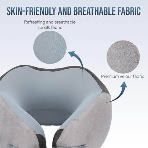 Euqvunn Travel Pillow for Airplane, Memory Foam Neck Pillow for Travel, Soft & Adjustable & Compact Ice Silk Flight Pillow for Adults, Ergonomic Travel Neck Pillow, with Storage Bag(Gray) - Image 2