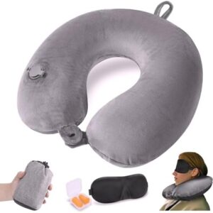 Inflatable Neck Pillow for Travel, Blow up Travel Pillow, Compact Travel Neck Pillows for Adults with Eye Mask and Earplugs, Lightweight Travel Pillow for Airplane, Trains and Office, Grey