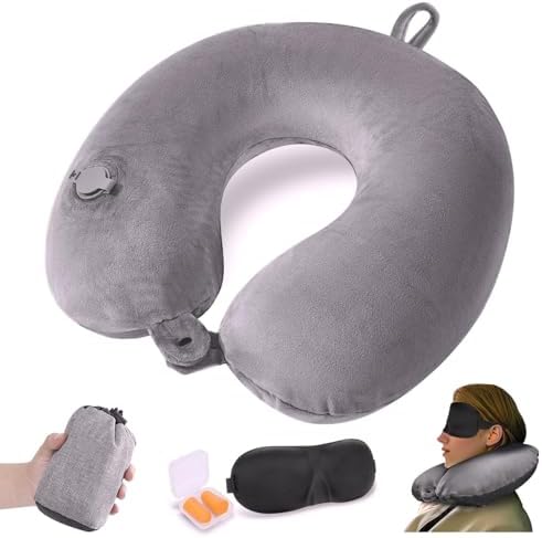 Inflatable Neck Pillow for Travel, Blow up Travel Pillow, Compact Travel Neck Pillows for Adults with Eye Mask and Earplugs, Lightweight Travel Pillow for Airplane, Trains and Office, Grey