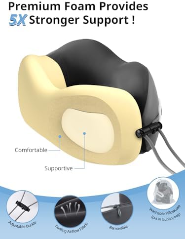 Inspireyes Neck Pillow, Travel Pillow with Seat Strap, 3D Sleep Mask, Dual Support Neck and Head, High Supportive Foam Airplane Pillow for Long Flight Road Trip, Stop Bobblehead Travel Essential, Grey - Image 5