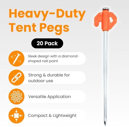 Heavy Duty Tent Pegs - 20cm x 20 Pack Orange Hard Ground Tent Pegs, Camping Pegs, Awning Peg for outdoors, Strong Galvanized Steel with Storage Case and Peg Remover - Image 2