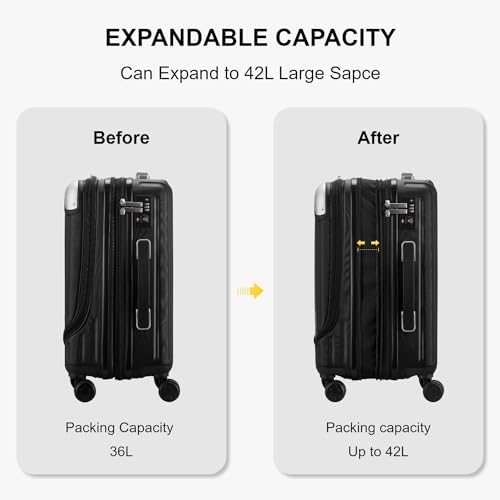 LEVEL8 Carry on Suitcase, 55CM Hand Luggage Expandable with Laptop Compartment, ABS+PC Hardshell Spinner Trolley Cabin Size with 4 Wheels, TSA, Black - Image 4