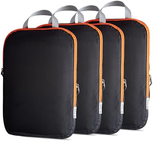 OW-Travel Compression Packing Cubes for Suitcases, Black, Large, 4 Pack Set | Compressible suitcase organiser bags and travel clothes dividers for luggage, backpacks, suitcase storage and holiday packing