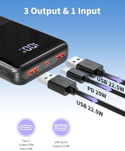 Portable Charger 20000mAh 22.5W Power Bank PD20W Fast Charging PD3.0 QC4.0 USB C Outputs & Inputs PowerBank With LCD Display For Smartphones, Smartwatches, Outdoor Equipment, etc. - Image 3