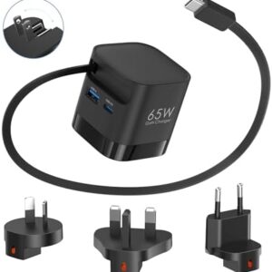 65W Retractable Travel USB C Charger, 3-Ports Foldable Travel Adapter Plug Converter with UK/EU/AU Plugs, Fast Charging for Laptop, for Macbook Pro/Air, for iPhone 17/16/15 series, iPad Pro/Air, Black