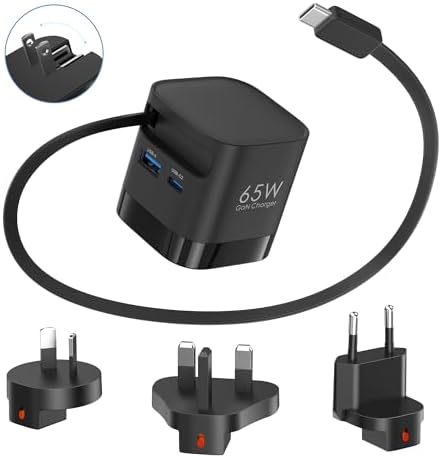65W Retractable Travel USB C Charger, 3-Ports Foldable Travel Adapter Plug Converter with UK/EU/AU Plugs, Fast Charging for Laptop, for Macbook Pro/Air, for iPhone 17/16/15 series, iPad Pro/Air, Black