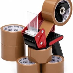 Fit For The Job Brown Parcel Tape Gun and Dispenser - Heavy Duty Packing Tape Dispenser for Efficient Sealing and Packing Needs - 6 Rolls
