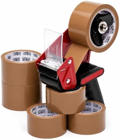Fit For The Job Brown Parcel Tape Gun and Dispenser - Heavy Duty Packing Tape Dispenser for Efficient Sealing and Packing Needs - 6 Rolls