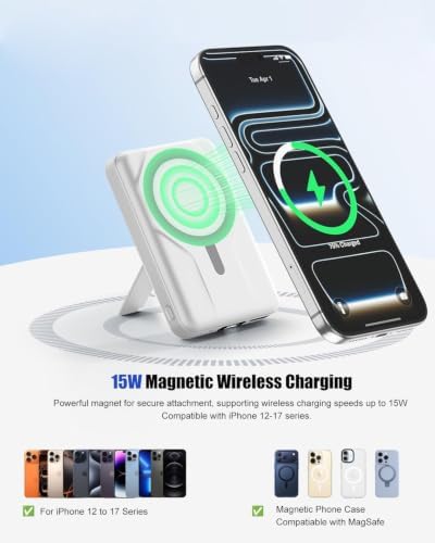 Azmuth 10000mAh Magnetic Power Bank for MagSafe, 20W PD USB-C Fast Charging Portable Charger with LED Display & Stand, Wireless External Battery Pack for iPhone 17/16/15/14/13/12 Series, White - Image 2